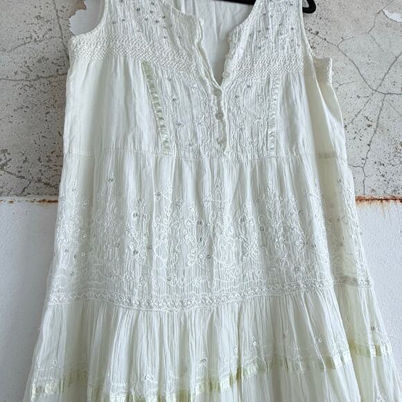 Flair Dresses & Skirts - Vtg Boho Midi Dress Embroidered Tiered Crinkle Cotton Gauze Corset Cottagecore L